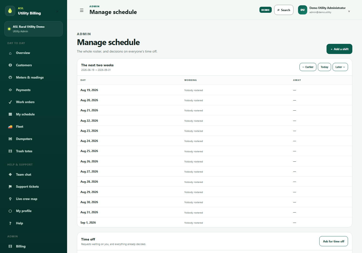The work schedule: two weeks of days, each row showing who is rostered with their hours and what they are doing, and who is away.